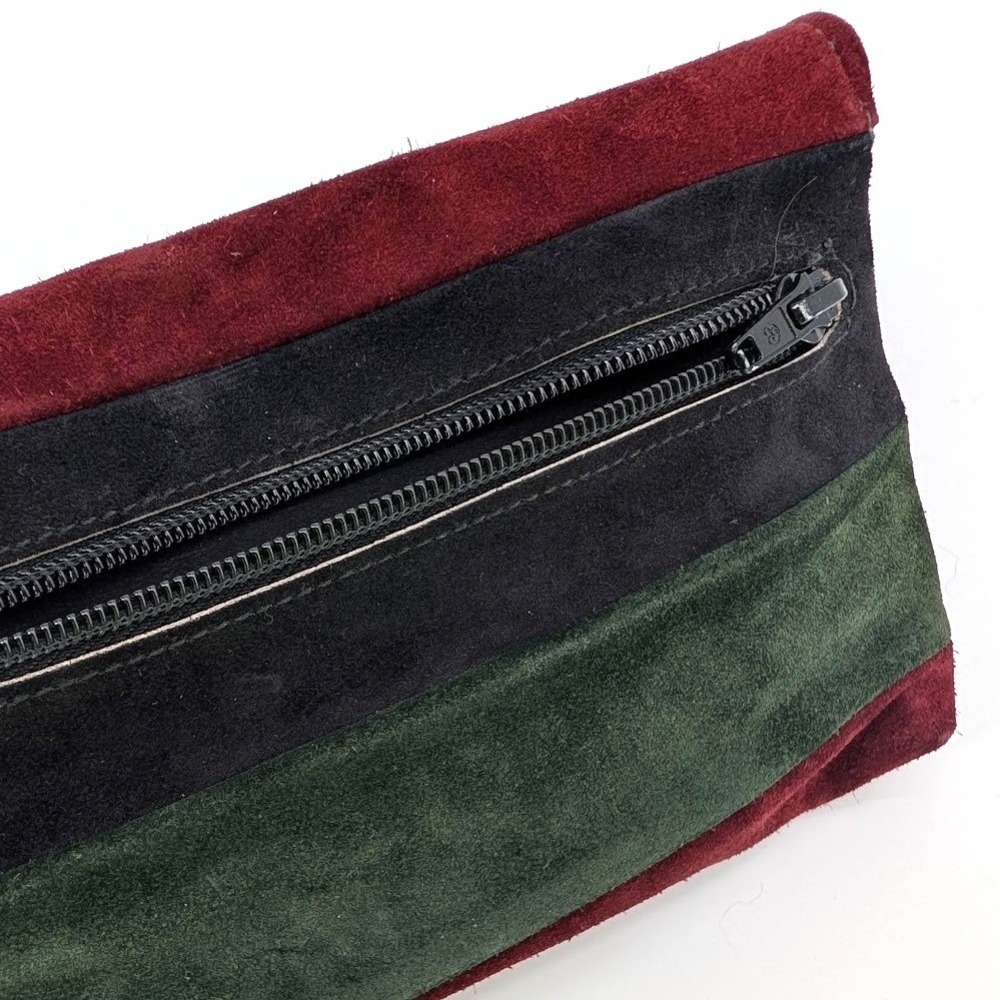 Vintage Suede Colorblock Clutch in Burgundy, Forest Green & Black - Picture 7 of 10
